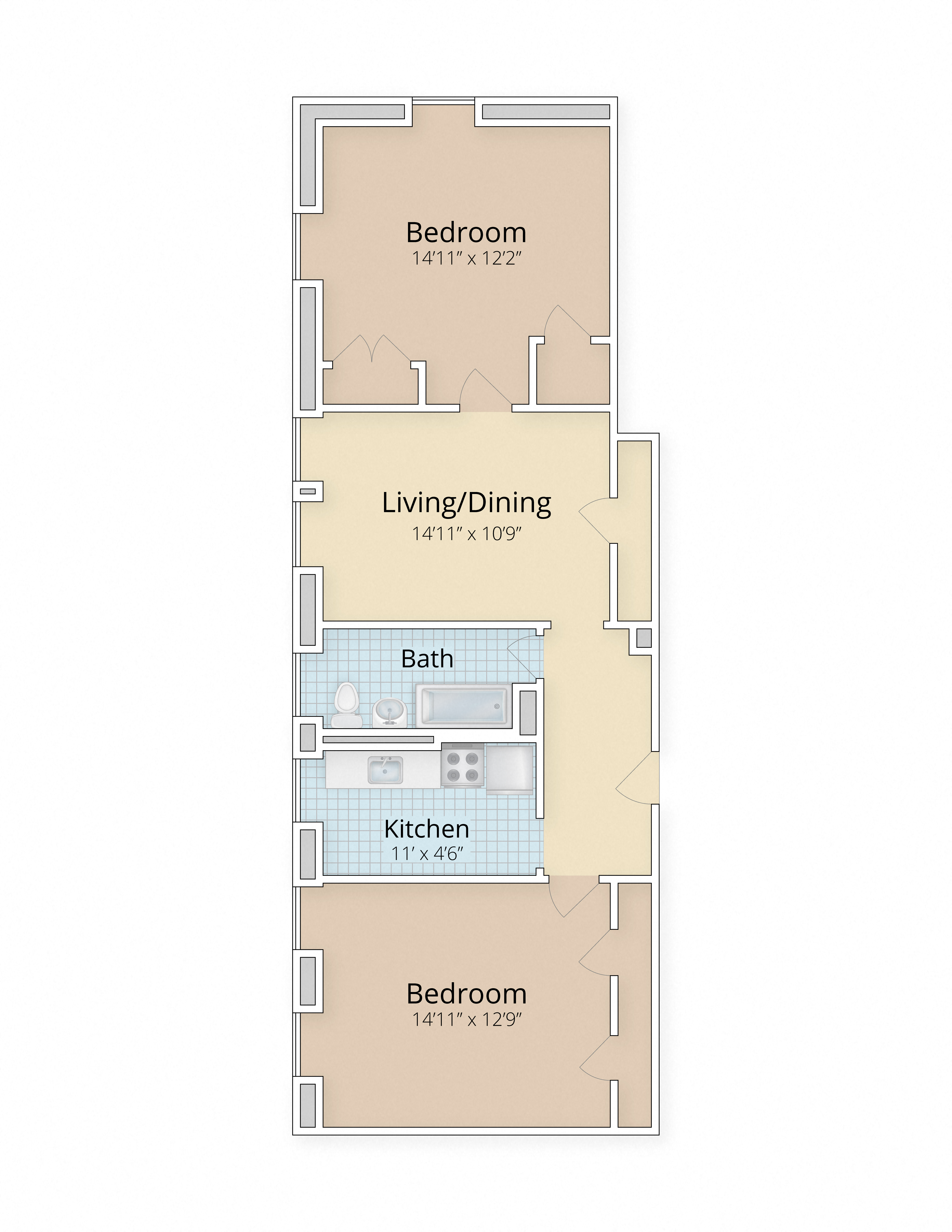 Floor plan for 2 beds, 1 bath, 1261 sqft